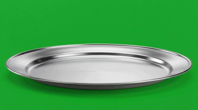 Isolated Stainless Steel Serving Platter or Tray. Shiny metallic tableware for restaurant, catering, or home use, set against a vibrant green background for easy isolation.