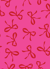 Pretty pink, hand drawn bow seamless repeat pattern. Random placed, vector hair accessoires aop, all over surface print on pink background.