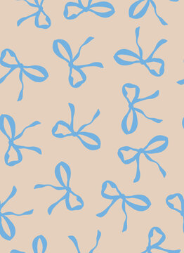 Pretty pastel blue, hand drawn bow seamless repeat pattern. Random placed, vector hair accessoires aop, all over surface print on beige background.