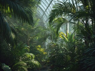 lush foliage surrounding a contemporary conservatory with transparent canopy for optimal plant development