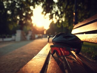 arenhanced sunglasses on a sleek bicycle helmet sitting on a city park bench during sunset merging futuristic gadgets with urban biking culture