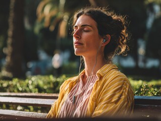 a young woman sitting on a park bench listening to music through headphones her eyes closed in contentment as she enjoys the melodic tunes surrounded by natures tranquility