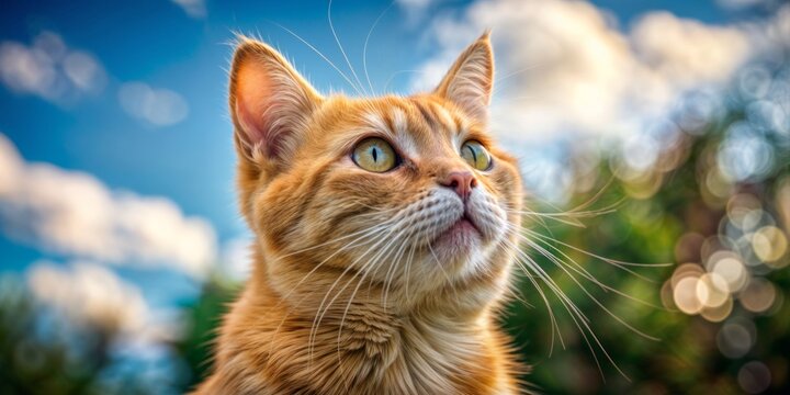 Orange tabby cat looking up at the bright blue sky with soft clouds and green trees, representing the beginning of spring and outdoor exploration.