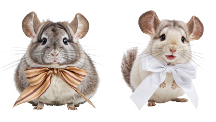 Adorable  chinchillawith a silk bow on his neck isolated on transparent background