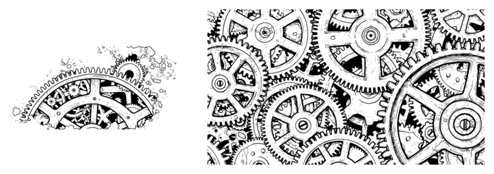 Complex mechanical background with interlocking gears and cogs sketch