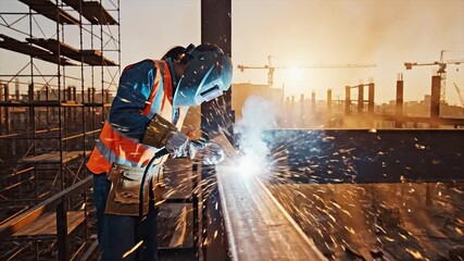 Welder at Work - Sparks Fly During Construction Project.