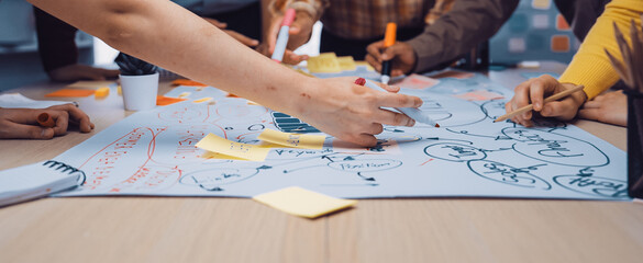 A dynamic group of individuals engaged in a creative brainstorming session, using colorful markers and sticky notes on a large sheet of paper in a bright office setting. SACTR