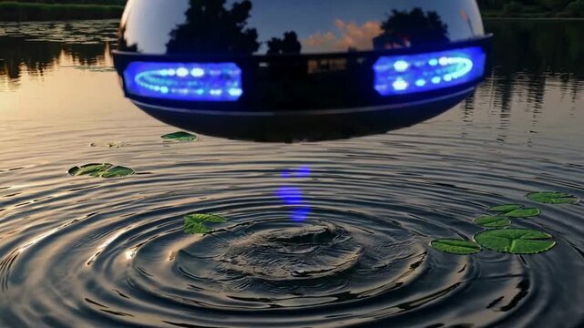 Futuristic drone hovering above water creating ripples