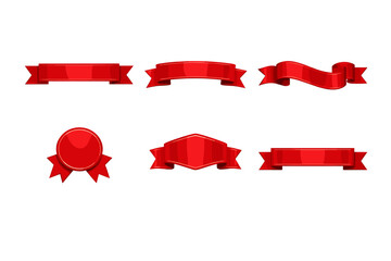 Collection of six different red ribbon and banner designs for awards and promotions