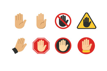 Collection of stop hand icons and signs for prohibition and warning