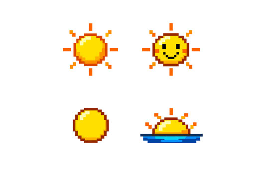 Pixel art sun icons showing different phases and a happy face