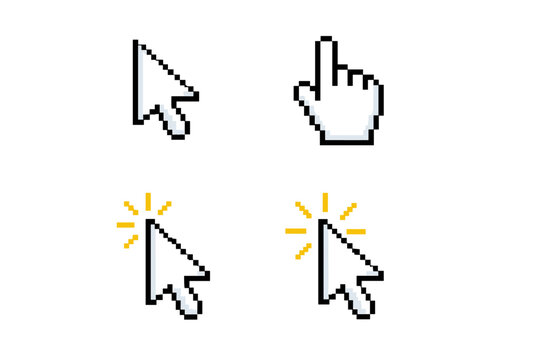 Collection of pixel art cursors, including a pointer and a hand icon