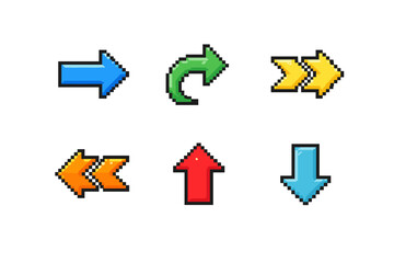 Collection of pixel art arrows in various colors and directions for digital interfaces