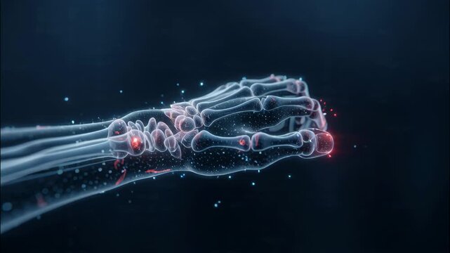 Digital Illustration of a Glowing Skeletal Hand with Red Neural Activity Visuals in a Dark Background