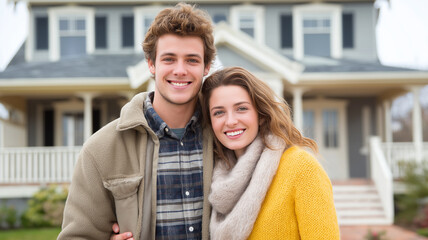 Young couple stands happily outside their new house, embracing their new beginning full of dreams Generative AI