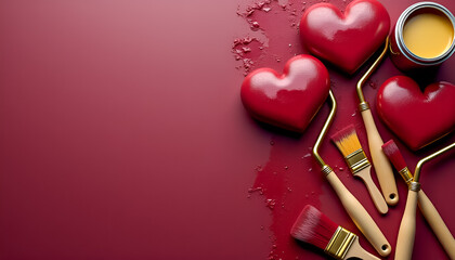 Three red glossy hearts lying on a burgundy surface next to paint rollers and brushes with a yellow paint can and copyspace, home renovation or Valentine Day workshop and interior design marketing. 