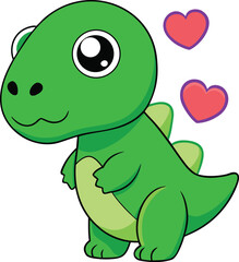 Fototapeta premium Cute green dinosaur with big eyes and two hearts, adorable cartoon reptile displaying love