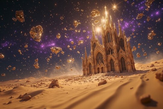 Ornate Golden Cathedral Floating in Deep Space with Nebula Clouds
