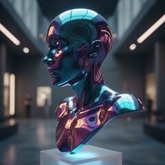 Futuristic metallic bust in vibrant colors in a modern art gallery