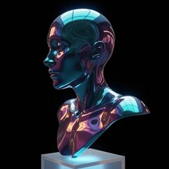 Reflective iridescent bust on a pedestal against a black background