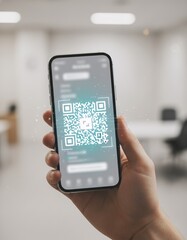 Hand holding a smartphone with a glowing QR code hologram