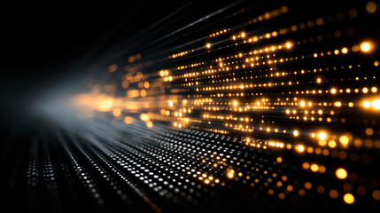 Abstract stream of glowing light particles moving through dark space, symbolizing data flow, speed, technology and digital transformation.
