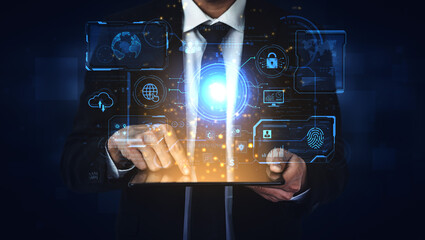 A futuristic command center interface for managing a global technology platform. The dashboard includes data security, network administration, and biometric user authentication. Fermion