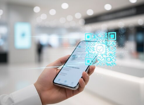 Hand holding a smartphone with a glowing QR code hologram - Powered by Adobe