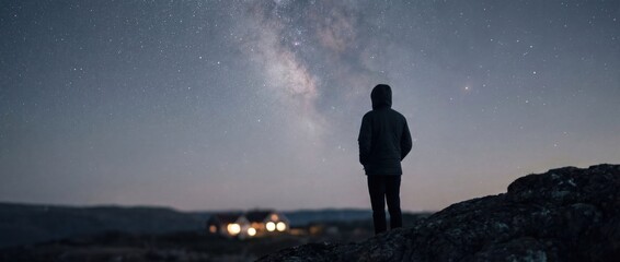 Silhouette stargazing under Milky Way night sky on rocky hill