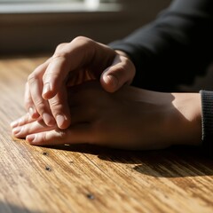 A person's hands gently hold another's wrist on a wooden table indoors.