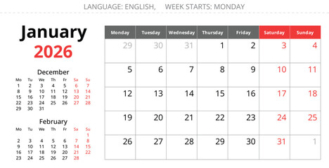 January 2026 monthly English calendar. Monday start, vector design