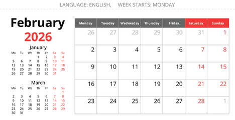 February 2026 monthly English calendar. Monday start, vector design