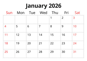 January 2026 calendar page. English monthly planner Sunday start. Vector design