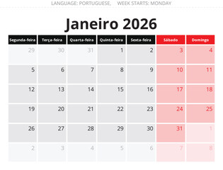 January 2026 Portuguese monthly calendar pages &ndash; Janeiro. Vector illustration Portugal