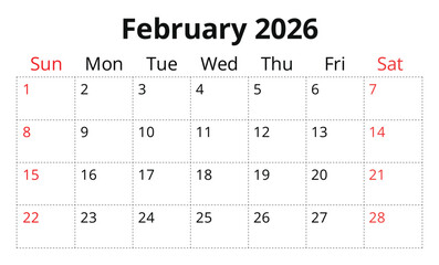 February 2026 calendar page. English monthly planner Sunday start. Vector design