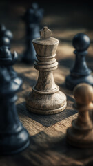 Fototapeta premium A wooden king stands proudly at the center, while dark pieces loom around in deep shadows Generative AI