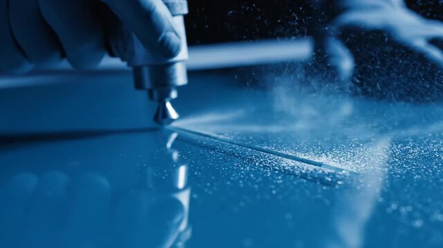Close up on a gloved hand operating a specialized tool that etches or engraves a surface with fine particles spraying in blue lighting