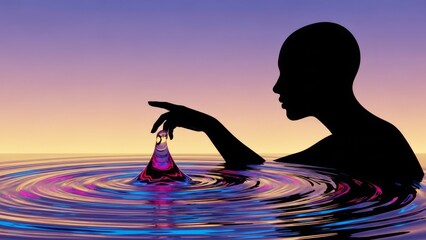 Surreal Silhouette of a Woman Touching a Vibrant Colorful Liquid Drop Rising from Rippled Water at Sunset