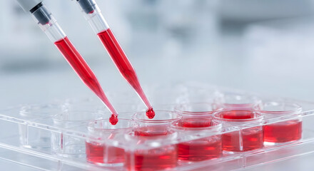 Close-up photo of a multiwell plate with red liquid being dispensed into wells using pipettes, representing scientific research and laboratory analysis.