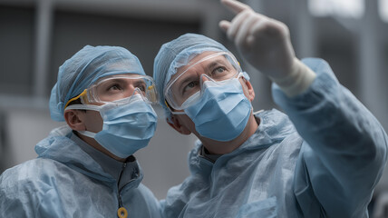 Two Kazakh surgeons focus intently while discussing a surgical procedure in a modern operating room Generative AI
