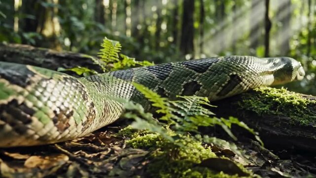 Large Snake Resting on Mossy Log in Forest