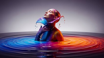 Surreal Portrait of a Woman with an Artistic High Collar Emerging from Vibrant Swirling Liquid Paint Ripples