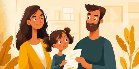 In a cozy living room, a child proudly shows their report card to joyful, smiling parents Generative AI