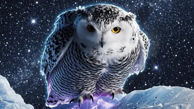 Snowy Owl Perching on Ice, Glowing With Light Effect, Against Starry Background