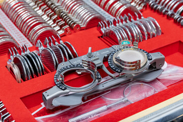 Russia. Saint Petersburg. Set of trial lenses for vision testing.