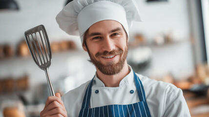 Joyful chef smiles warmly while holding a spatula in a cozy kitchen filled with delicious aromas Generative AI