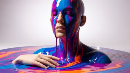 Surreal Portrait of a Woman Covered in Colorful Liquid Paint Dripping in a Vibrant Pool