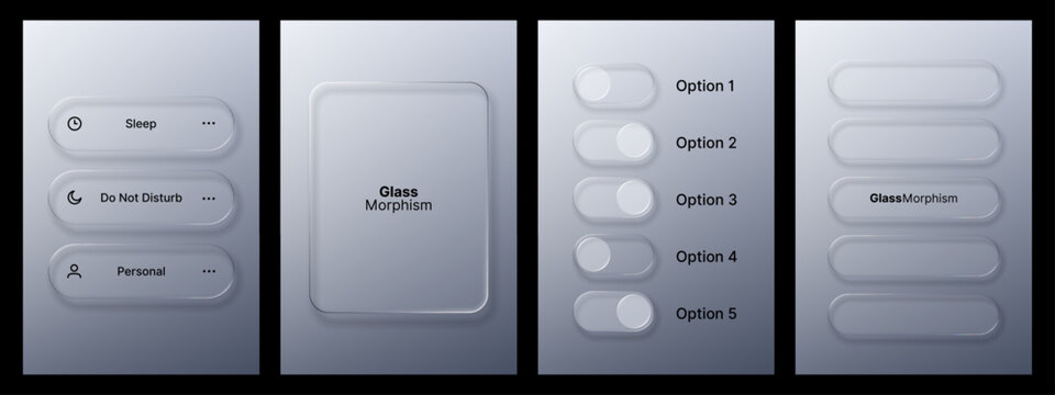 Liquid glass morphism vector ui elements. User interface design with clear frosted glass effect. Modern ux elements for website.