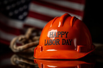 An orange hard hat reads Happy Labor Day against a patriotic backdrop celebrating workers Generative AI