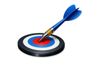 Blue dart hitting target bullseye, symbolizing business success, achievement, strategy, goal setting, and precision marketing